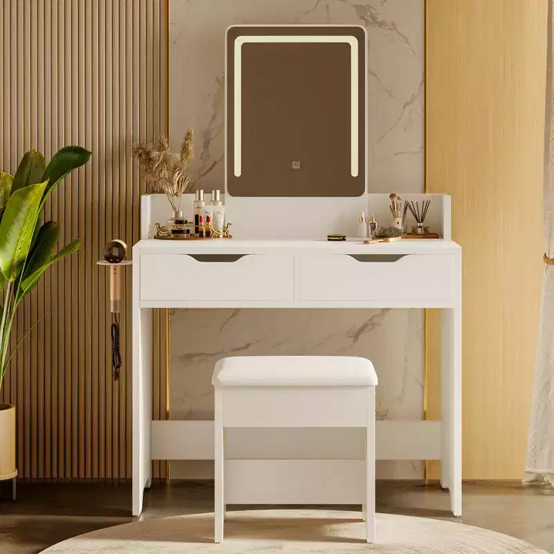Bestier Vanity Desk Set with Lighted Mirror, Bedroom Makeup Table and Stool Set with Hair Dryer Holder, 31 Vanity Table and Chair with 2 Drawers