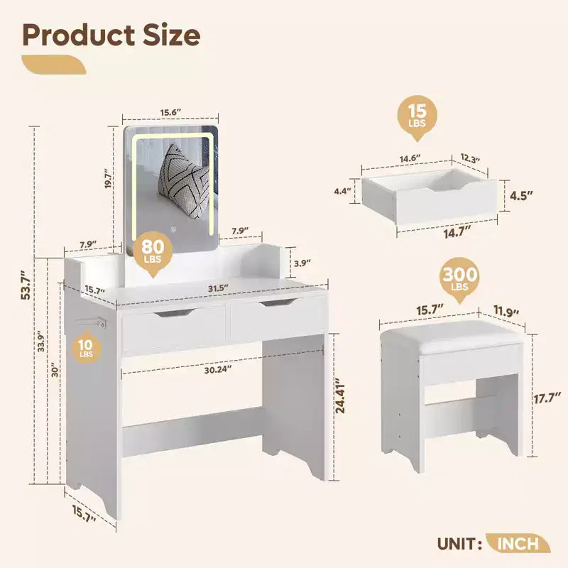 Bestier Vanity Desk Set with Lighted Mirror, Bedroom Makeup Table and Stool Set with Hair Dryer Holder, 31 Vanity Table and Chair with 2 Drawers