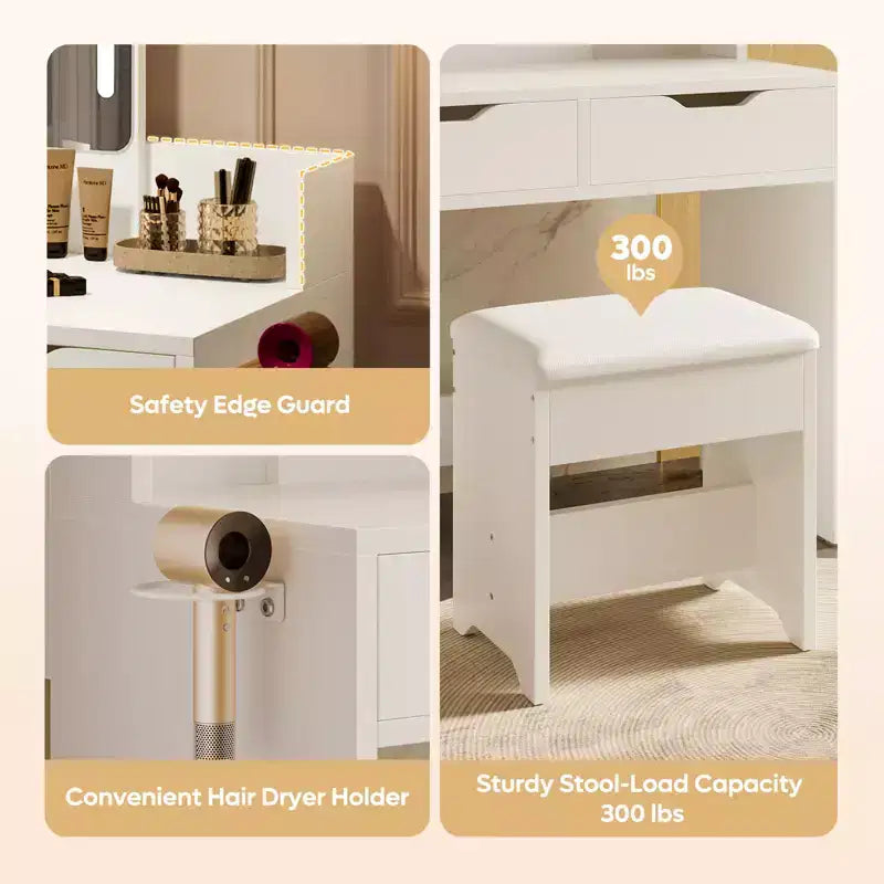 Bestier Vanity Desk Set with Lighted Mirror, Bedroom Makeup Table and Stool Set with Hair Dryer Holder, 31 Vanity Table and Chair with 2 Drawers