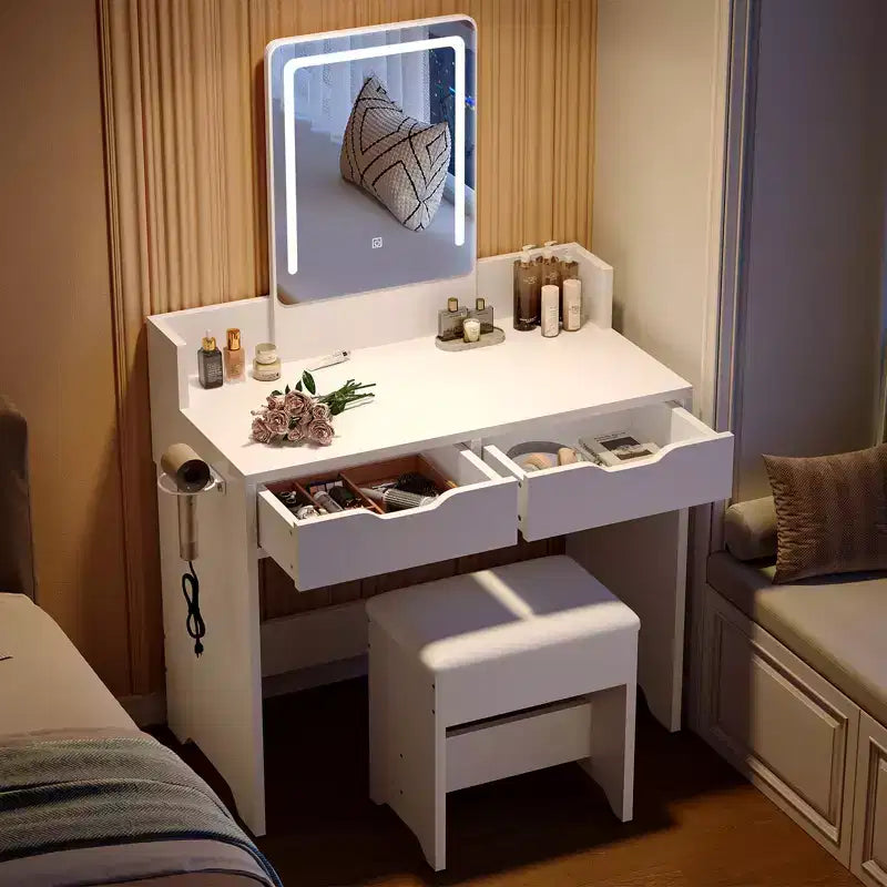 Bestier Vanity Desk Set with Lighted Mirror, Bedroom Makeup Table and Stool Set with Hair Dryer Holder, 31 Vanity Table and Chair with 2 Drawers