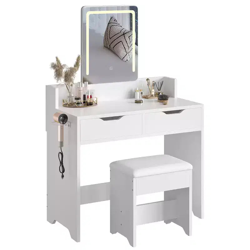 Bestier Vanity Desk Set with Lighted Mirror, Bedroom Makeup Table and Stool Set with Hair Dryer Holder, 31 Vanity Table and Chair with 2 Drawers