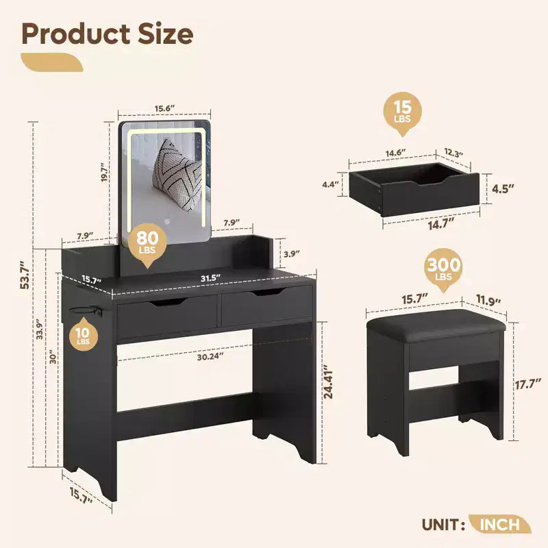 Bestier Vanity Desk Set with Lighted Mirror, Bedroom Makeup Table and Stool Set with Hair Dryer Holder, 31 Vanity Table and Chair with 2 Drawers