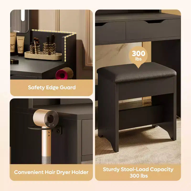 Bestier Vanity Desk Set with Lighted Mirror, Bedroom Makeup Table and Stool Set with Hair Dryer Holder, 31 Vanity Table and Chair with 2 Drawers