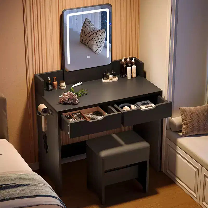 Bestier Vanity Desk Set with Lighted Mirror, Bedroom Makeup Table and Stool Set with Hair Dryer Holder, 31 Vanity Table and Chair with 2 Drawers