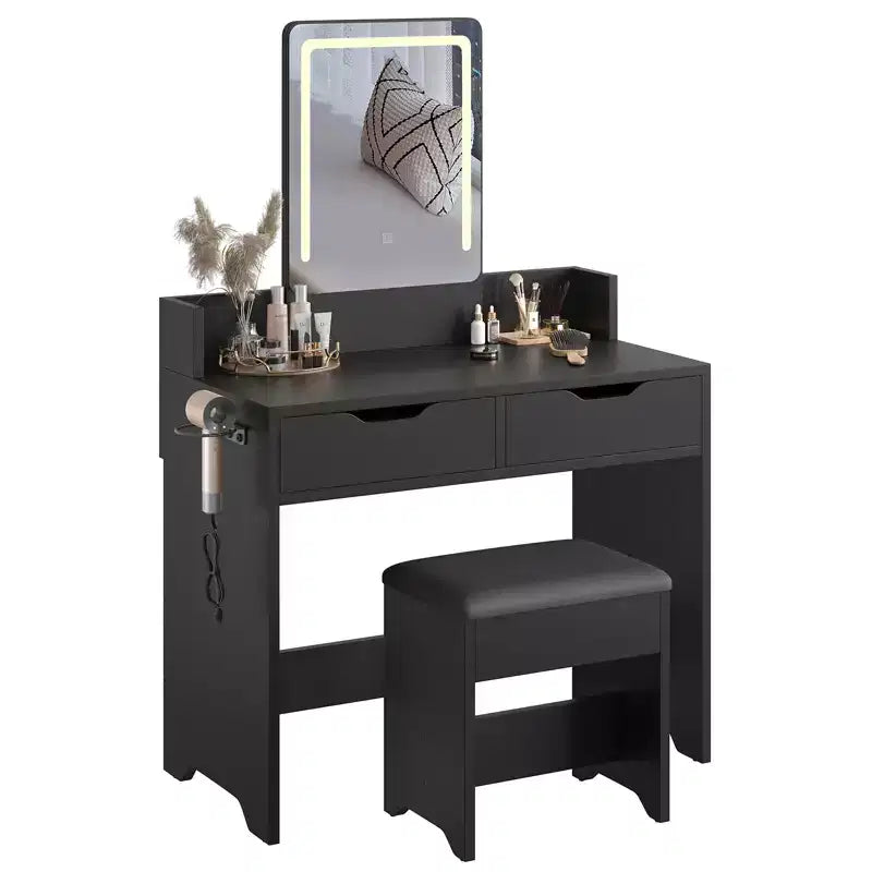 Bestier Vanity Desk Set with Lighted Mirror, Bedroom Makeup Table and Stool Set with Hair Dryer Holder, 31 Vanity Table and Chair with 2 Drawers