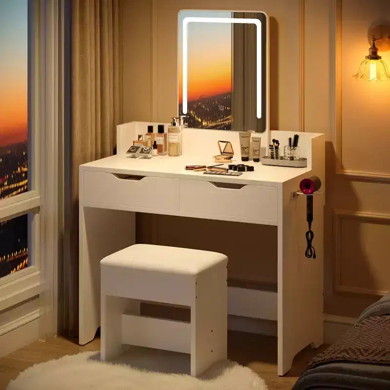 Bestier Vanity Desk Set with Lighted Mirror, Bedroom Makeup Table and Stool Set with Hair Dryer Holder, 31 Vanity Table and Chair with 2 Drawers