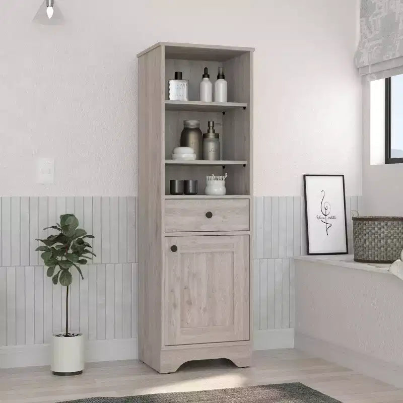 Okak 56 Inch Tall Bathroom Storage Cabinet, Slim Storage Cabinet with 2 Open Shelves and 1 Drawer