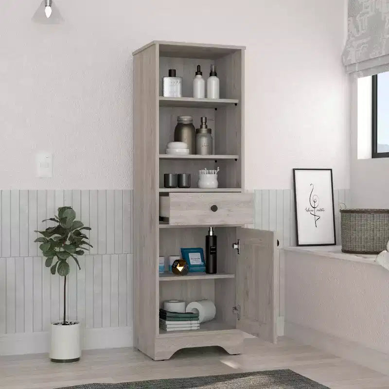 Okak 56 Inch Tall Bathroom Storage Cabinet, Slim Storage Cabinet with 2 Open Shelves and 1 Drawer