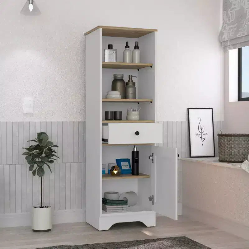 Okak 56 Inch Tall Bathroom Storage Cabinet, Slim Storage Cabinet with 2 Open Shelves and 1 Drawer