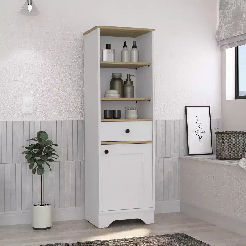 Okak 56 Inch Tall Bathroom Storage Cabinet, Slim Storage Cabinet with 2 Open Shelves and 1 Drawer