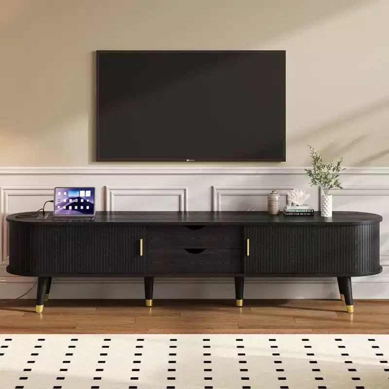 JVNOXK-Medieval-Style Wooden Oval Groove TV Cabinet with Charging Station, Suitable for TVs Under 80 Inches, Featuring Sliding Roller Shutters, Black