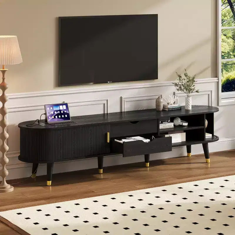 JVNOXK-Medieval-Style Wooden Oval Groove TV Cabinet with Charging Station, Suitable for TVs Under 80 Inches, Featuring Sliding Roller Shutters, Black