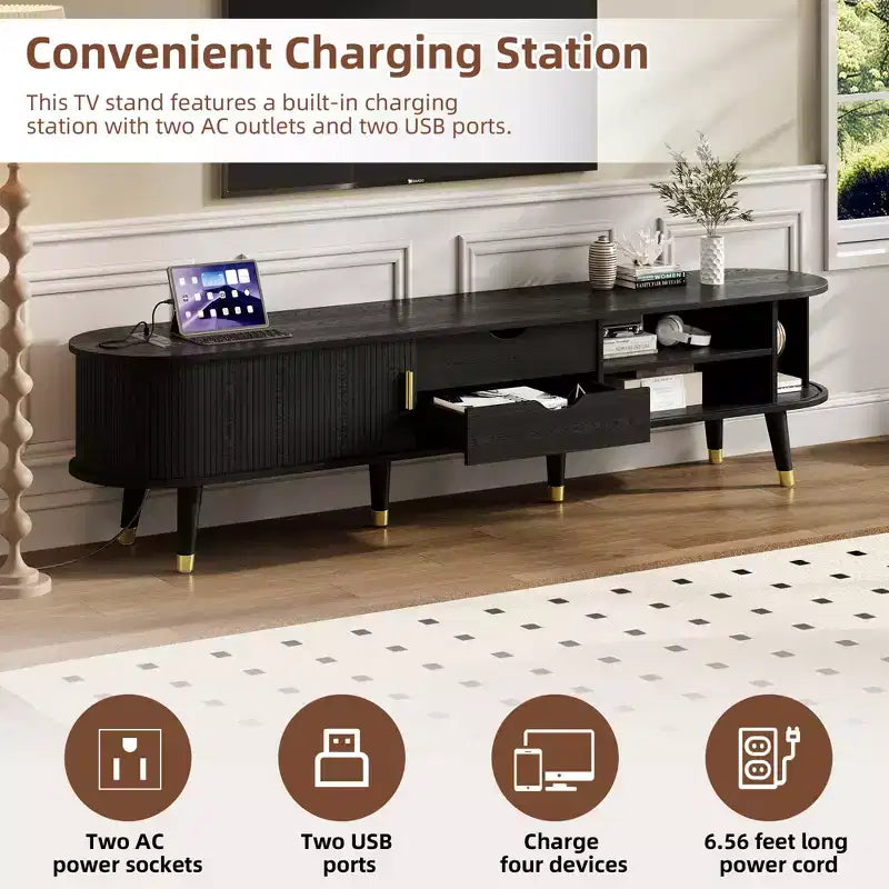 JVNOXK-Medieval-Style Wooden Oval Groove TV Cabinet with Charging Station, Suitable for TVs Under 80 Inches, Featuring Sliding Roller Shutters, Black