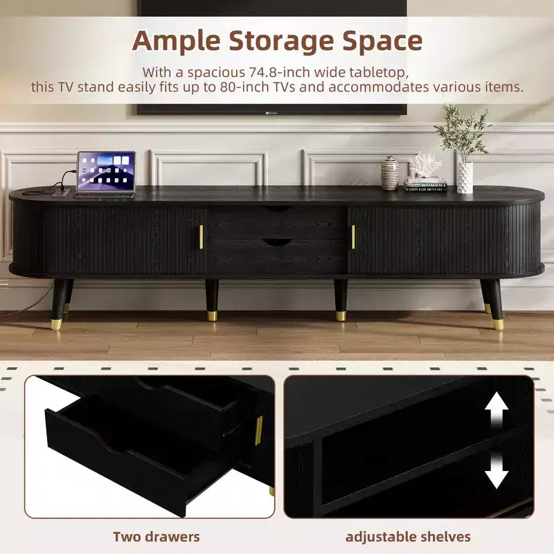 JVNOXK-Medieval-Style Wooden Oval Groove TV Cabinet with Charging Station, Suitable for TVs Under 80 Inches, Featuring Sliding Roller Shutters, Black