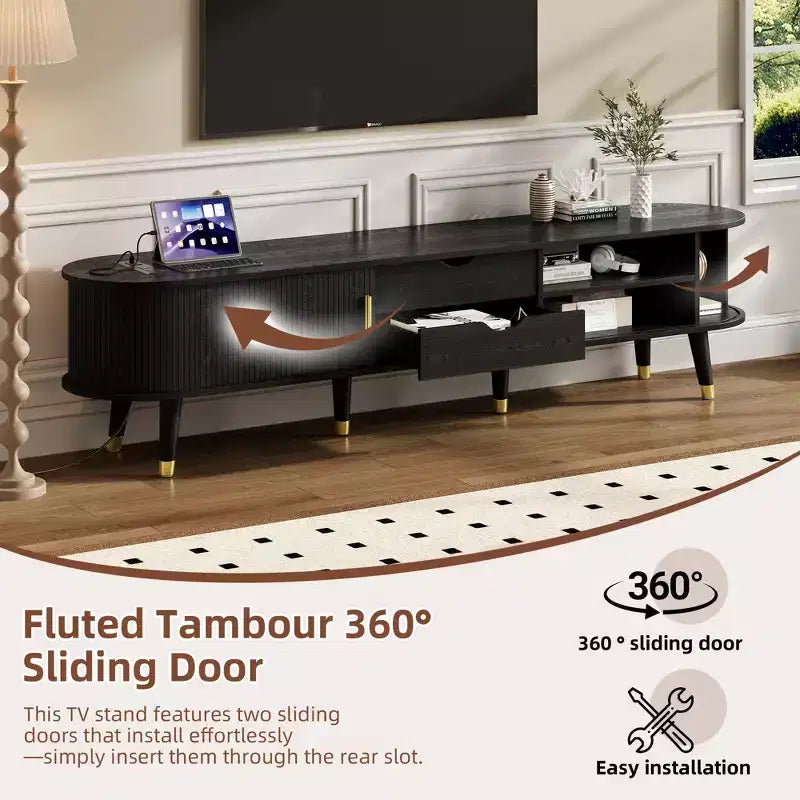 JVNOXK-Medieval-Style Wooden Oval Groove TV Cabinet with Charging Station, Suitable for TVs Under 80 Inches, Featuring Sliding Roller Shutters, Black