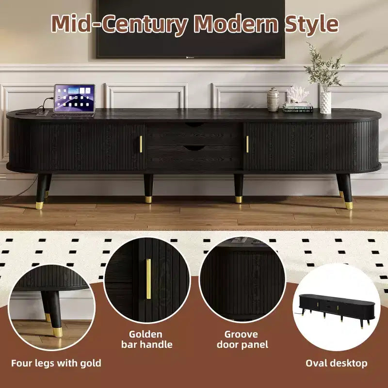 JVNOXK-Medieval-Style Wooden Oval Groove TV Cabinet with Charging Station, Suitable for TVs Under 80 Inches, Featuring Sliding Roller Shutters, Black