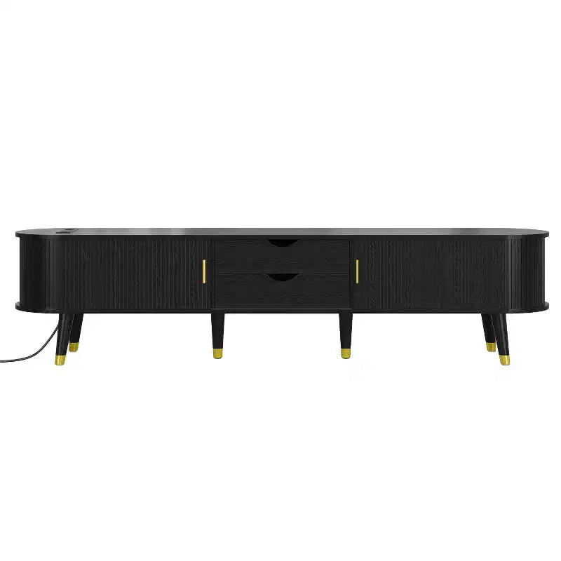 JVNOXK-Medieval-Style Wooden Oval Groove TV Cabinet with Charging Station, Suitable for TVs Under 80 Inches, Featuring Sliding Roller Shutters, Black