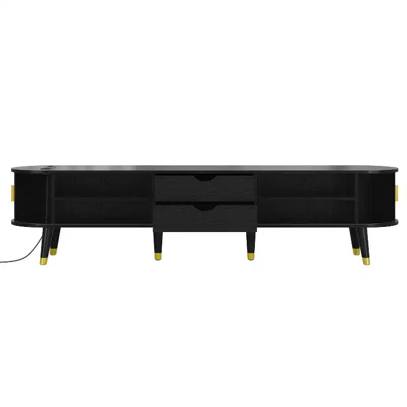 JVNOXK-Medieval-Style Wooden Oval Groove TV Cabinet with Charging Station, Suitable for TVs Under 80 Inches, Featuring Sliding Roller Shutters, Black
