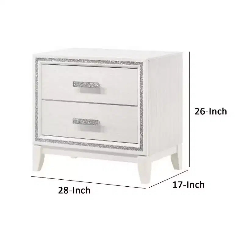 Royal Hampton Nightstand with 2 Drawers and Shimmer Accent Trim, White
