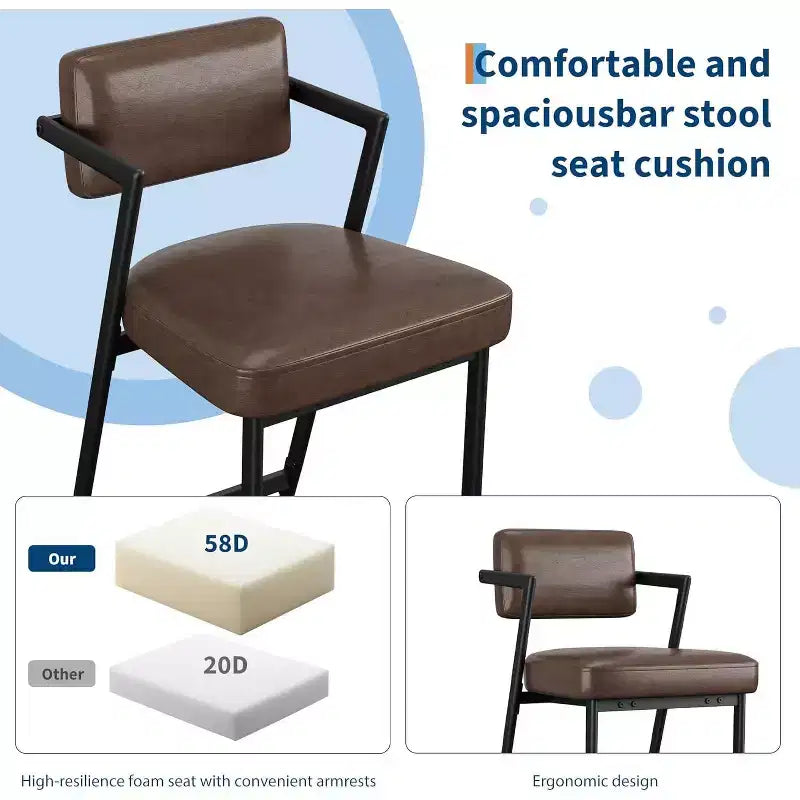 Tall Bar Stools Set of 2, Upholstered Counter Height Bar Stools with Thick Cushion, Thickened Metal Legs, Backrest and Footrest, for Home