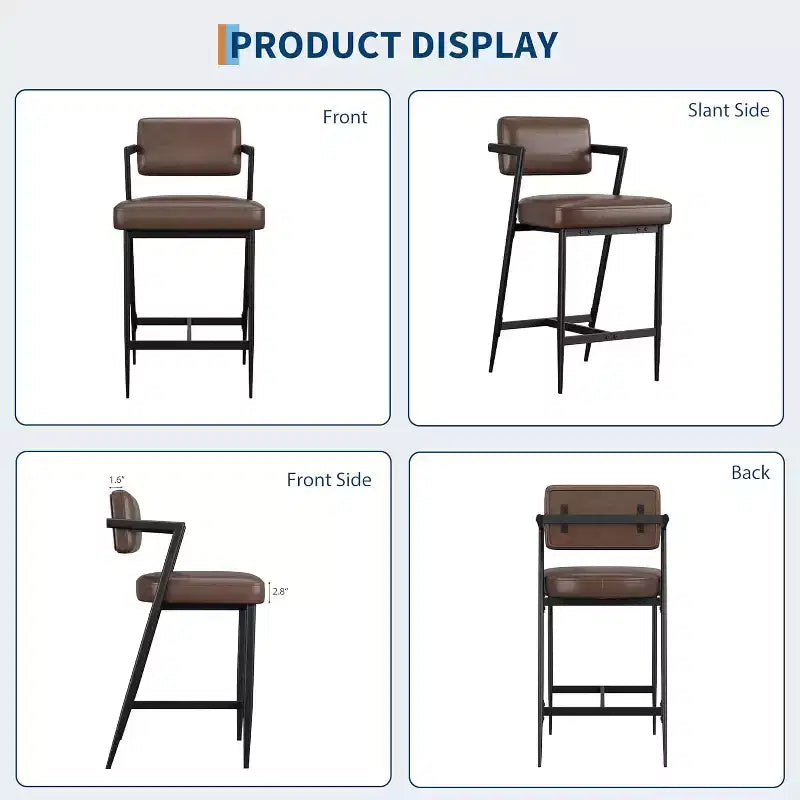 Tall Bar Stools Set of 2, Upholstered Counter Height Bar Stools with Thick Cushion, Thickened Metal Legs, Backrest and Footrest, for Home