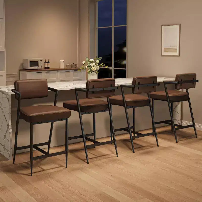 Tall Bar Stools Set of 2, Upholstered Counter Height Bar Stools with Thick Cushion, Thickened Metal Legs, Backrest and Footrest, for Home