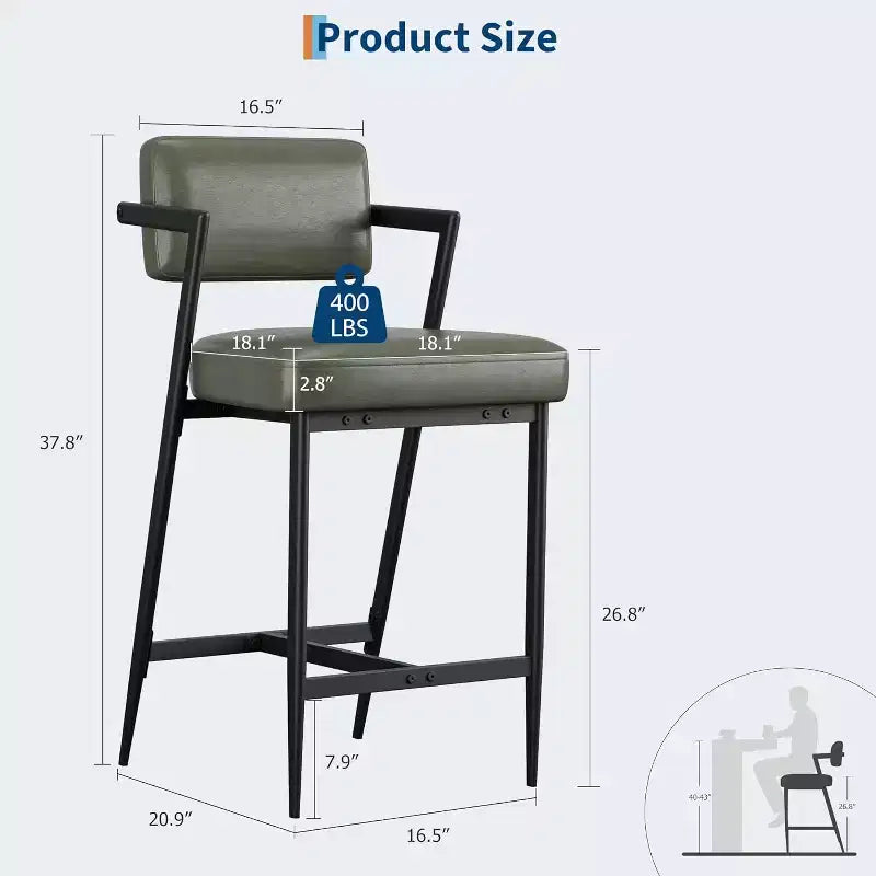 Tall Bar Stools Set of 2, Upholstered Counter Height Bar Stools with Thick Cushion, Thickened Metal Legs, Backrest and Footrest, for Home