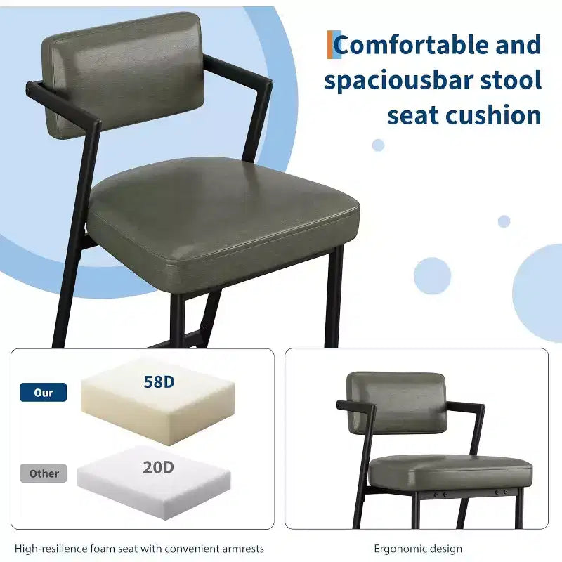 Tall Bar Stools Set of 2, Upholstered Counter Height Bar Stools with Thick Cushion, Thickened Metal Legs, Backrest and Footrest, for Home