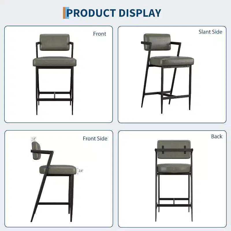 Tall Bar Stools Set of 2, Upholstered Counter Height Bar Stools with Thick Cushion, Thickened Metal Legs, Backrest and Footrest, for Home