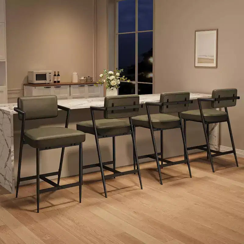 Tall Bar Stools Set of 2, Upholstered Counter Height Bar Stools with Thick Cushion, Thickened Metal Legs, Backrest and Footrest, for Home