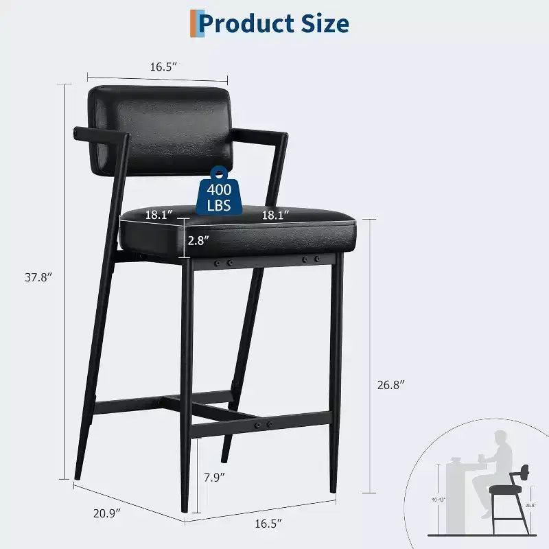 Tall Bar Stools Set of 2, Upholstered Counter Height Bar Stools with Thick Cushion, Thickened Metal Legs, Backrest and Footrest, for Home