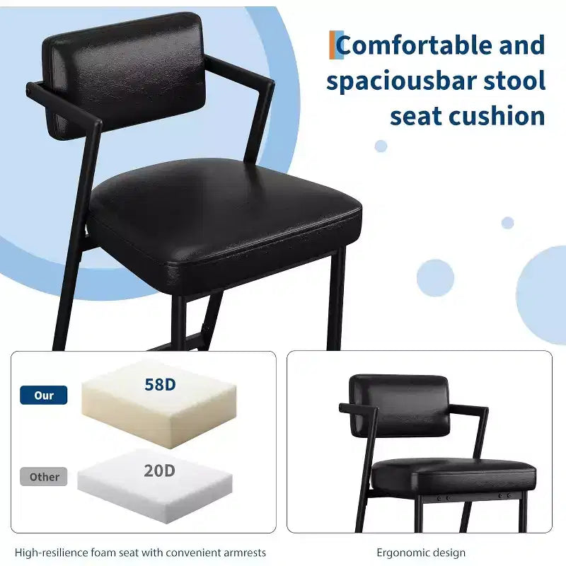 Tall Bar Stools Set of 2, Upholstered Counter Height Bar Stools with Thick Cushion, Thickened Metal Legs, Backrest and Footrest, for Home