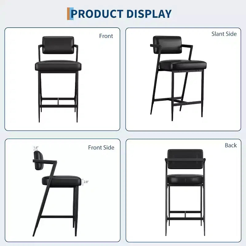 Tall Bar Stools Set of 2, Upholstered Counter Height Bar Stools with Thick Cushion, Thickened Metal Legs, Backrest and Footrest, for Home