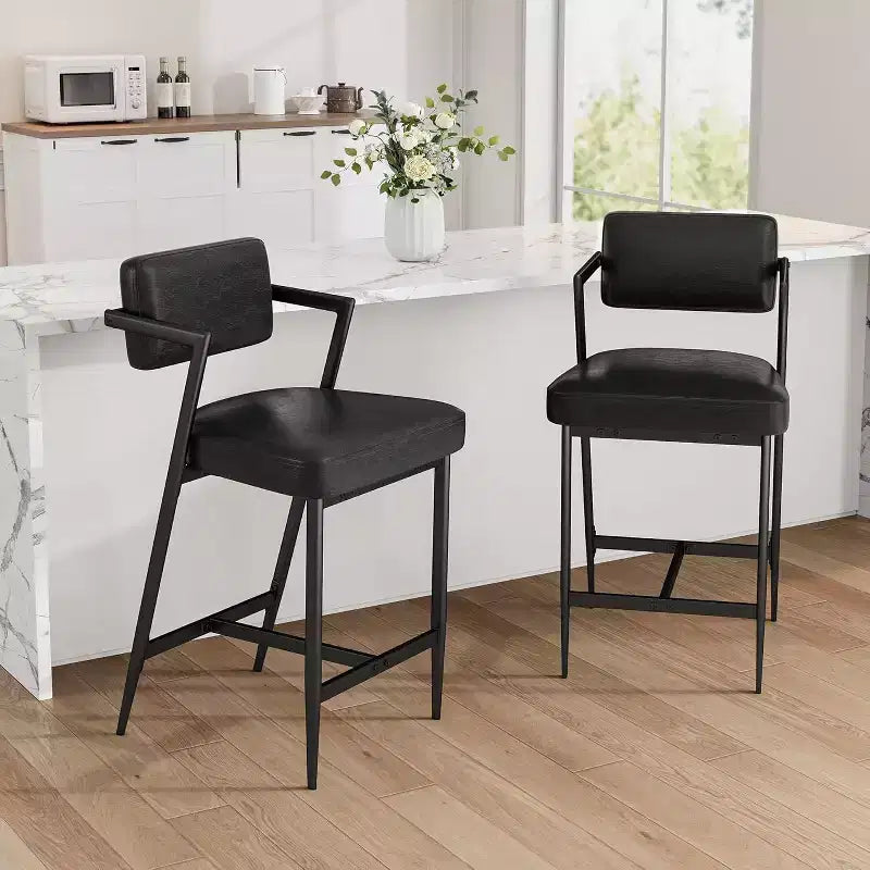 Tall Bar Stools Set of 2, Upholstered Counter Height Bar Stools with Thick Cushion, Thickened Metal Legs, Backrest and Footrest, for Home