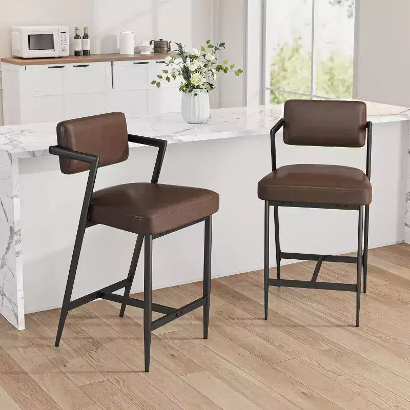 Tall Bar Stools Set of 2, Upholstered Counter Height Bar Stools with Thick Cushion, Thickened Metal Legs, Backrest and Footrest, for Home