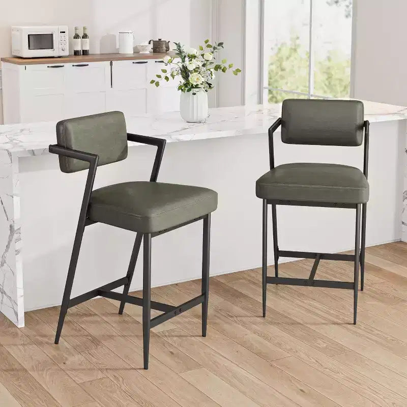 Tall Bar Stools Set of 2, Upholstered Counter Height Bar Stools with Thick Cushion, Thickened Metal Legs, Backrest and Footrest, for Home