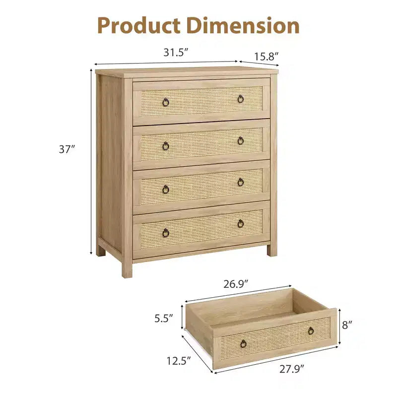 Rattan Dresser with Drawers, Natural Storage Cabinet & Chest Organizer for Bedroom and Living Room