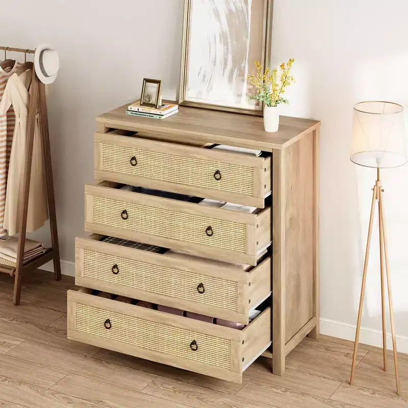 Rattan Dresser with Drawers, Natural Storage Cabinet & Chest Organizer for Bedroom and Living Room
