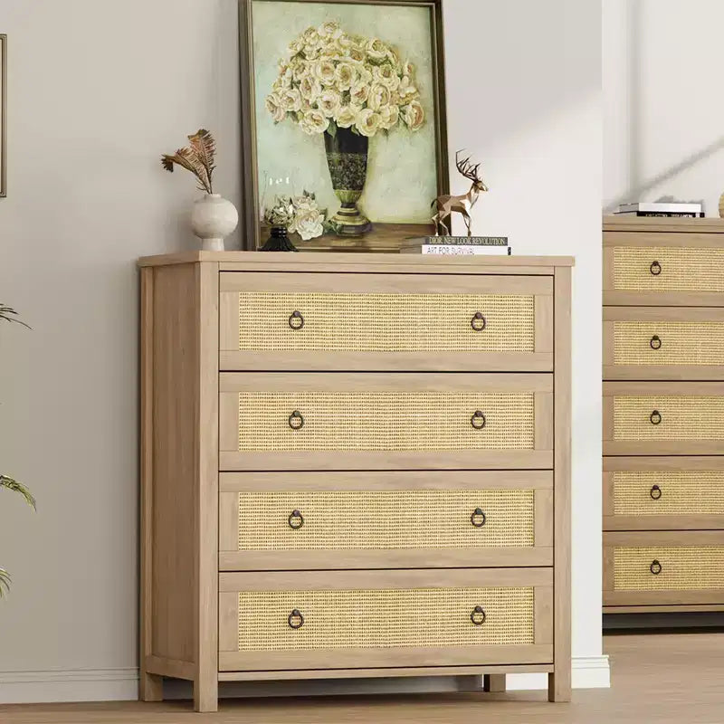 Rattan Dresser with Drawers, Natural Storage Cabinet & Chest Organizer for Bedroom and Living Room