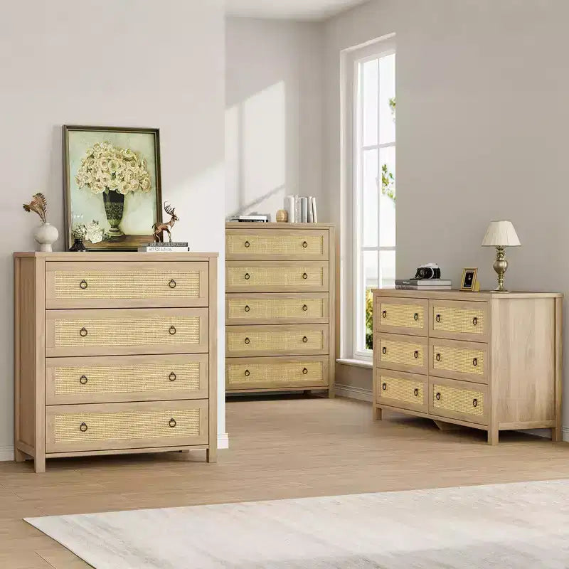 Rattan Dresser with Drawers, Natural Storage Cabinet & Chest Organizer for Bedroom and Living Room