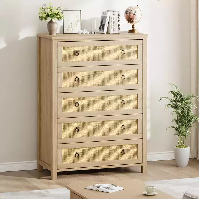 Rattan Dresser with Drawers, Natural Storage Cabinet & Chest Organizer for Bedroom and Living Room
