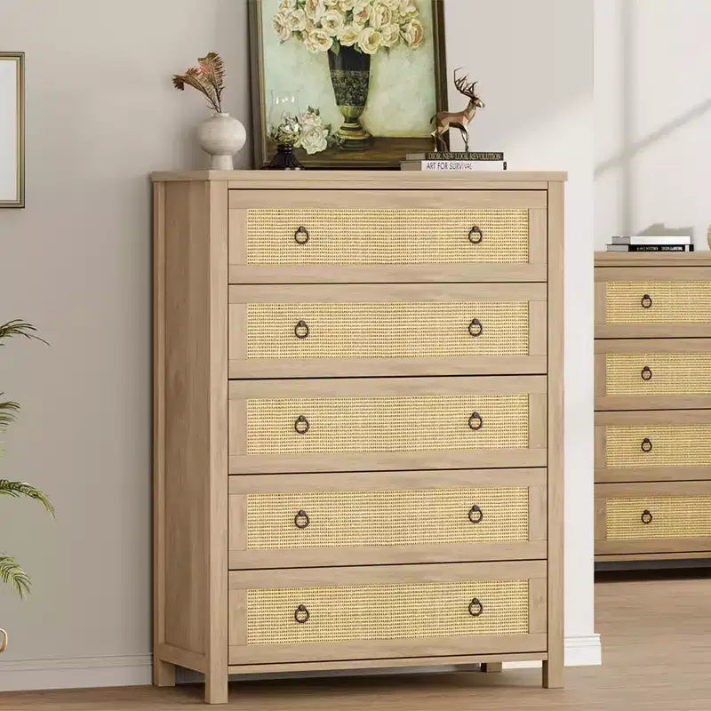 Rattan Dresser with Drawers, Natural Storage Cabinet & Chest Organizer for Bedroom and Living Room