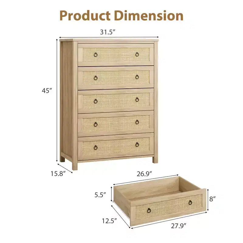 Rattan Dresser with Drawers, Natural Storage Cabinet & Chest Organizer for Bedroom and Living Room