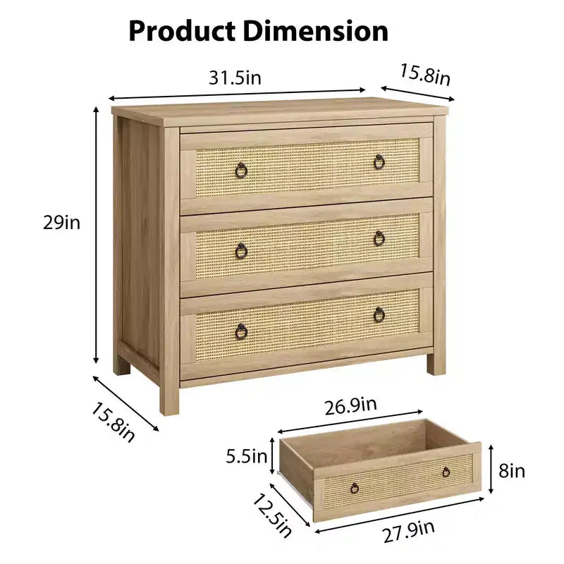 Rattan Dresser with Drawers, Natural Storage Cabinet & Chest Organizer for Bedroom and Living Room