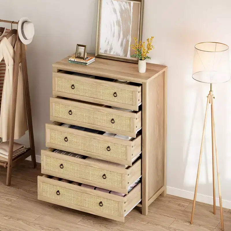Rattan Dresser with Drawers, Natural Storage Cabinet & Chest Organizer for Bedroom and Living Room