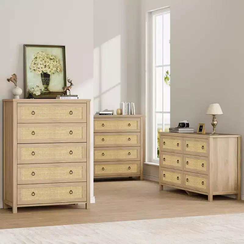 Rattan Dresser with Drawers, Natural Storage Cabinet & Chest Organizer for Bedroom and Living Room