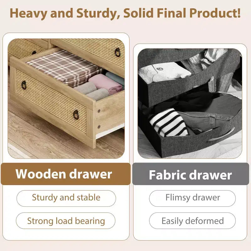 Rattan Dresser with Drawers, Natural Storage Cabinet & Chest Organizer for Bedroom and Living Room