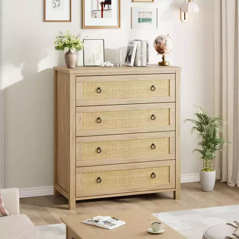 Rattan Dresser with Drawers, Natural Storage Cabinet & Chest Organizer for Bedroom and Living Room