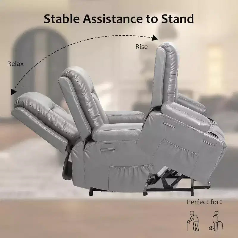 COZONY Leather Power Lift Recliner Chair for Elderly, 22 Wide Lift Assist Recliner with Heat & Massage, Side Pockets & Cup Holders for Living Room