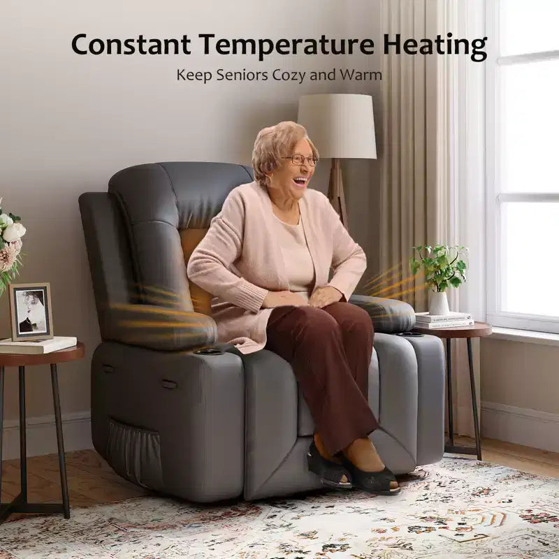 COZONY Leather Power Lift Recliner Chair for Elderly, 22 Wide Lift Assist Recliner with Heat & Massage, Side Pockets & Cup Holders for Living Room